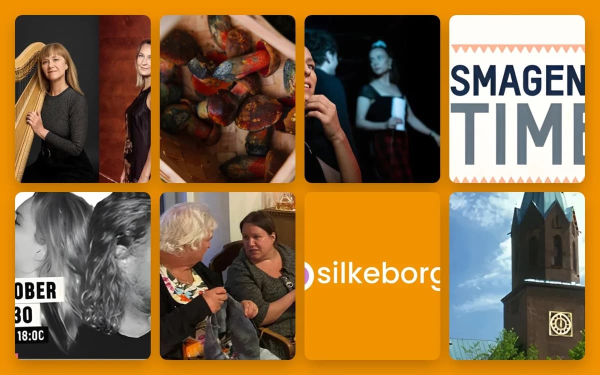 A collage with portraits, a stage scene, text, and a church tower.