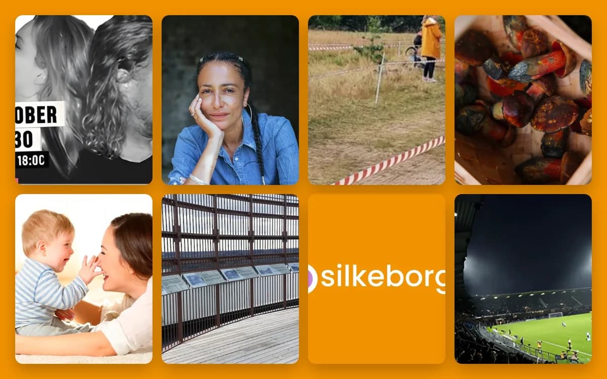 A collage of mixed photos on an orange background, including people, a field, and a football stadium.