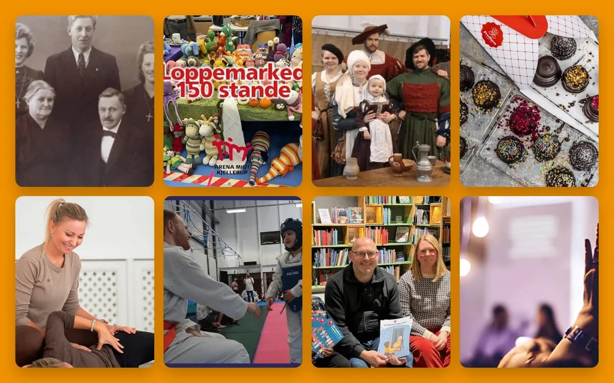 A collage of assorted photos including people, a market, pastries, and indoor scenes.