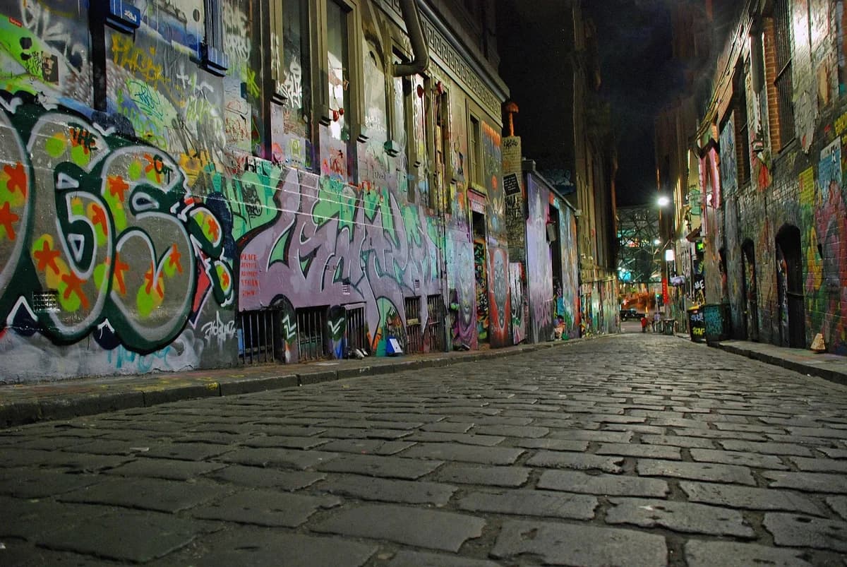 A graffiti-covered alley in Melbourne at night.